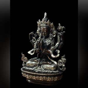 Handmade Nepal Avalokiteshvara (Chenrezig) Statue – 3.5” Copper Buddhist Deity